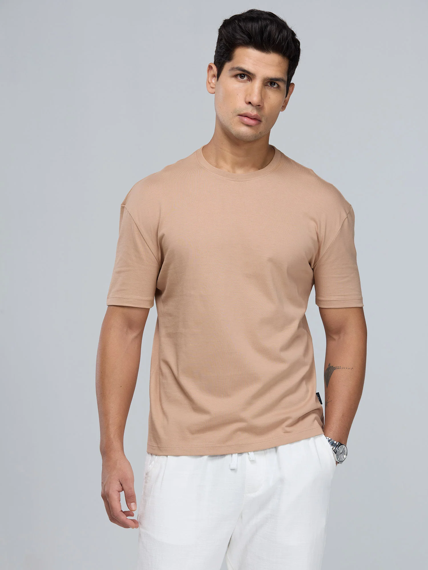 Beige Supima Crew Neck T-shirt - Relaxed Fit